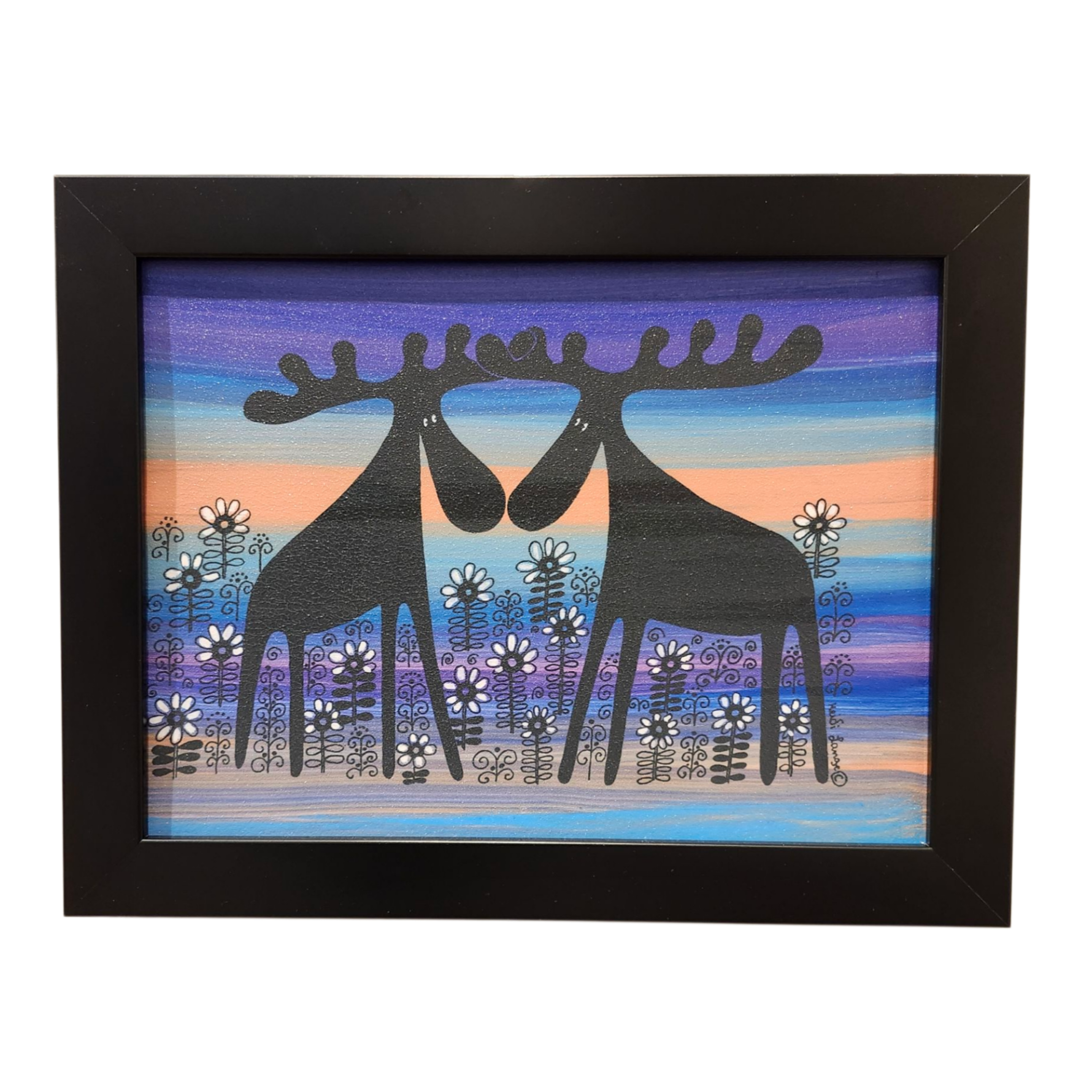 Heidi Lange: "Moose Couple, Alfred & Anna in a Flower Bed" - Framed Print