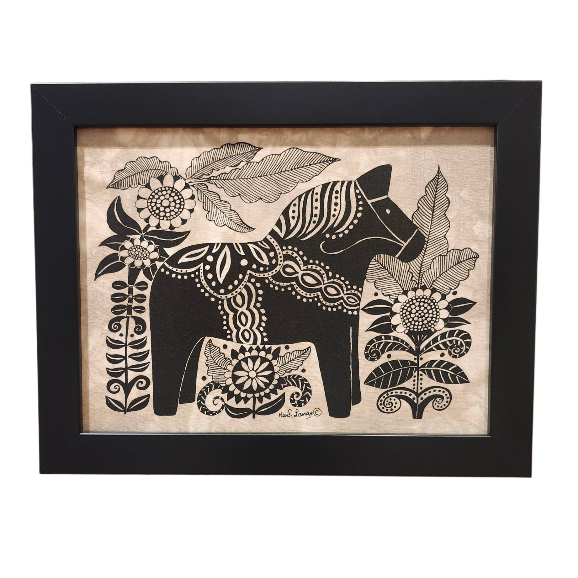 Heidi Lange: "Dala Horse with Flowers" - Framed Silkscreen