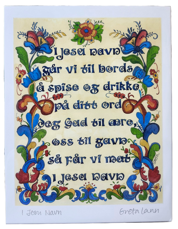 Greta Lann: "I Jesu Navn " In Jesus Name Norwegian Table Grace - Print