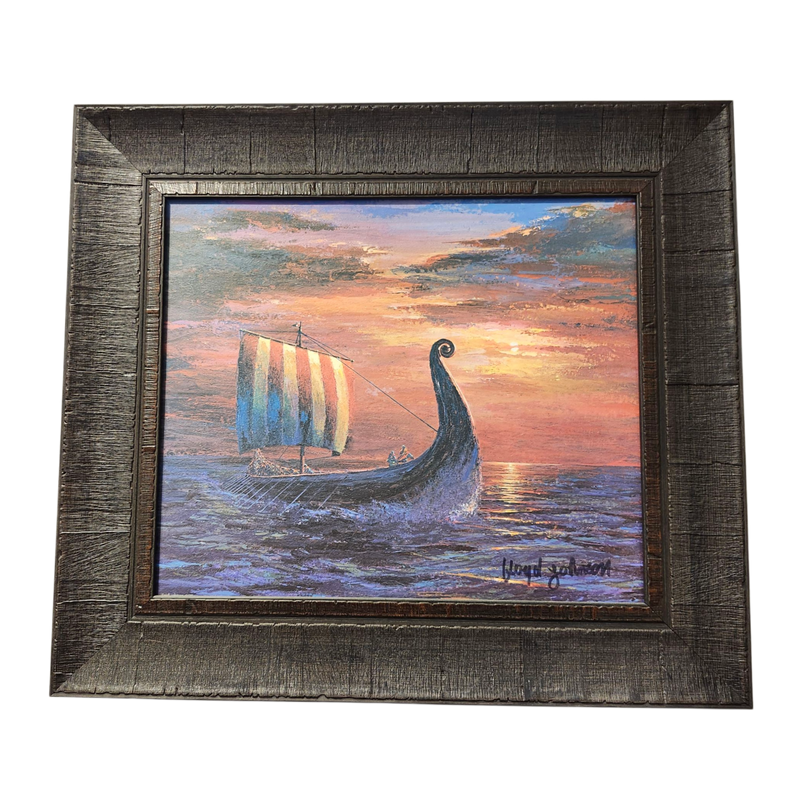 Floyd Johnson: "Final Light At Sea" Acrylic with Dark Brown Frame - Print