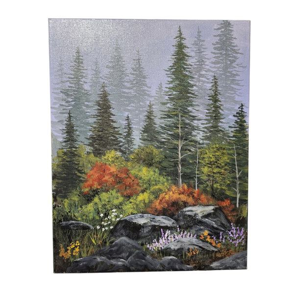 Pam Anderson: Bushes and Wildflowers Along Rocks - Original Canvas Painting