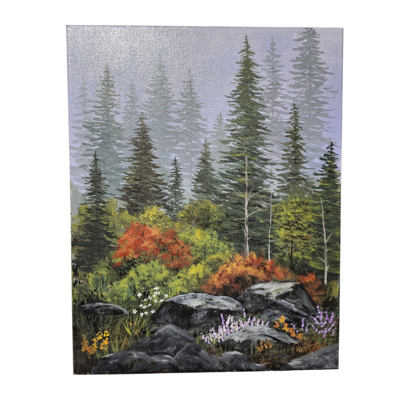 Pam Anderson: Bushes and Wildflowers Along Rocks - Original Canvas Painting