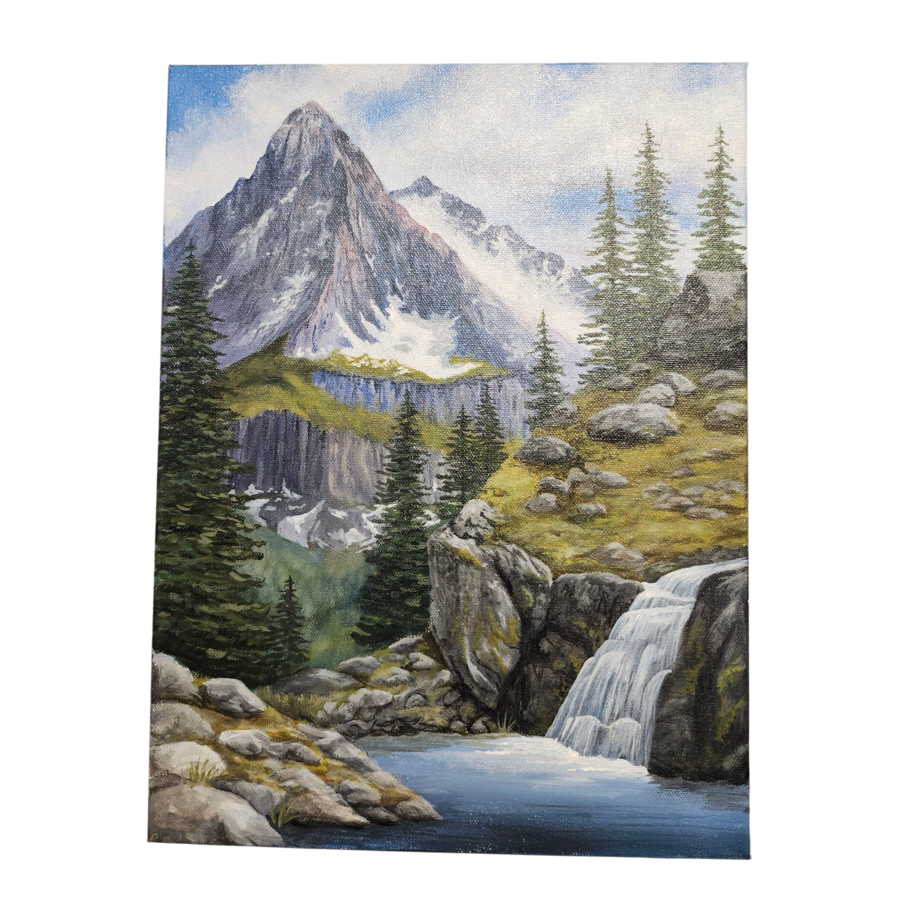 Pam Anderson: Mountains and Waterfall - Original Canvas Painting