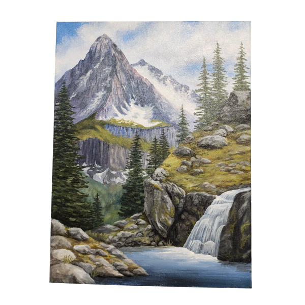 Pam Anderson: Mountains and Waterfall - Original Canvas Painting