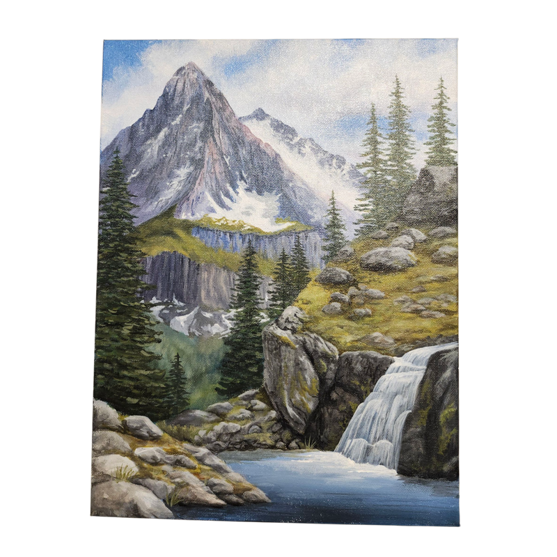 Pam Anderson: Mountains and Waterfall - Original Canvas Painting