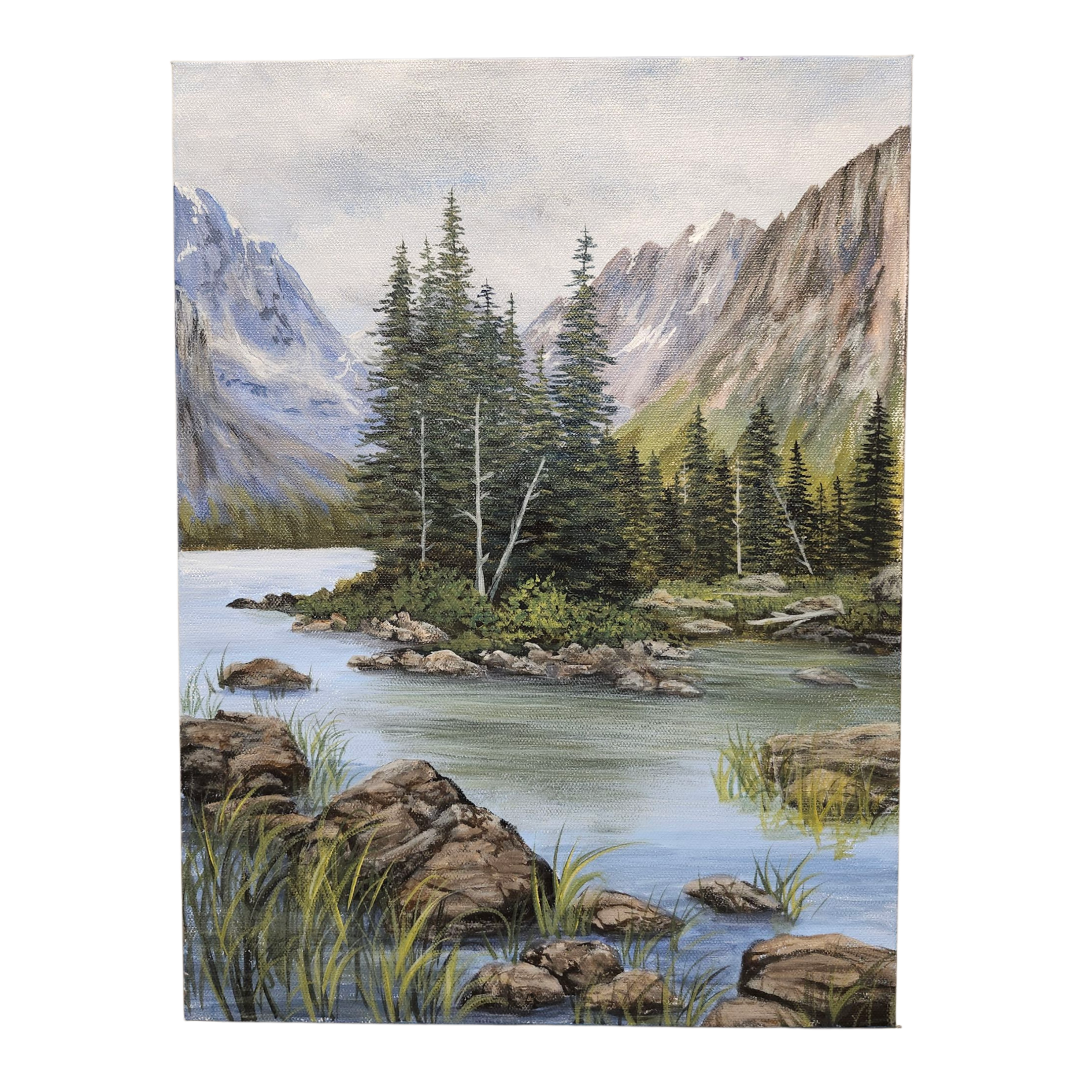 Pam Anderson: Mountains and Lake Landscape - Original Canvas Painting