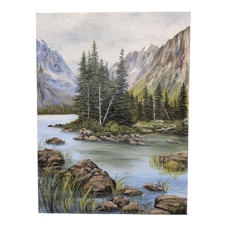 Pam Anderson: Mountains and Lake Landscape - Original Canvas Painting