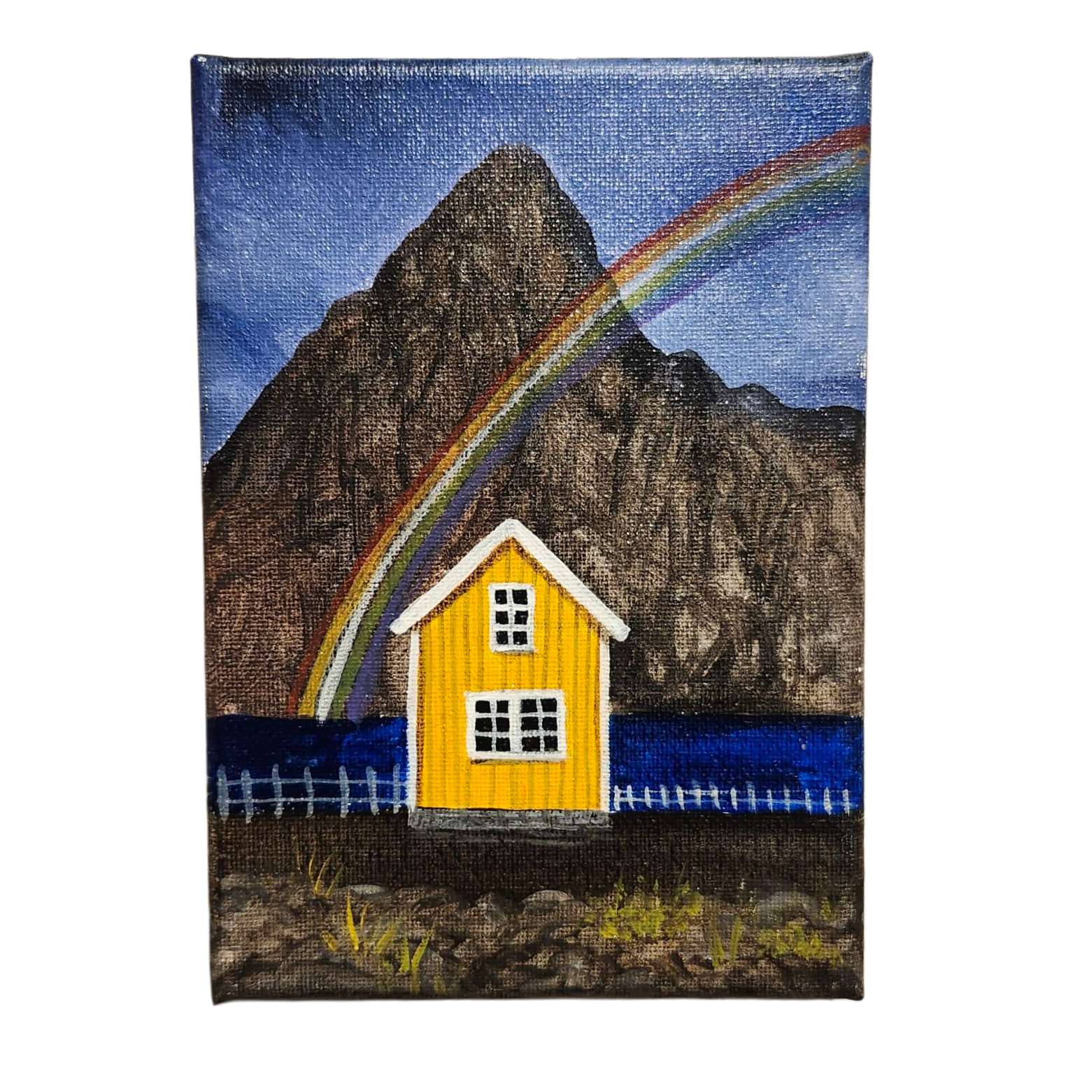 Pam Anderson: Rainbow Over a Yellow Shed  - Original Canvas Painting