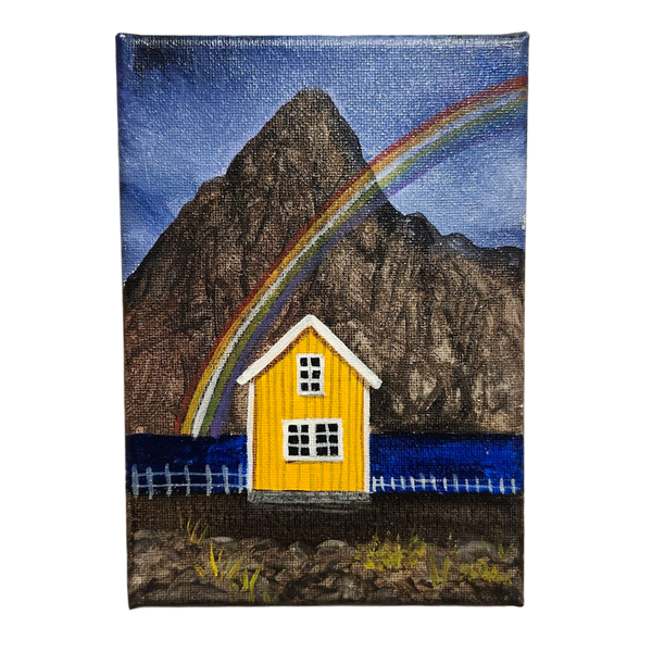 Pam Anderson: Rainbow Over a Yellow Shed  - Original Canvas Painting
