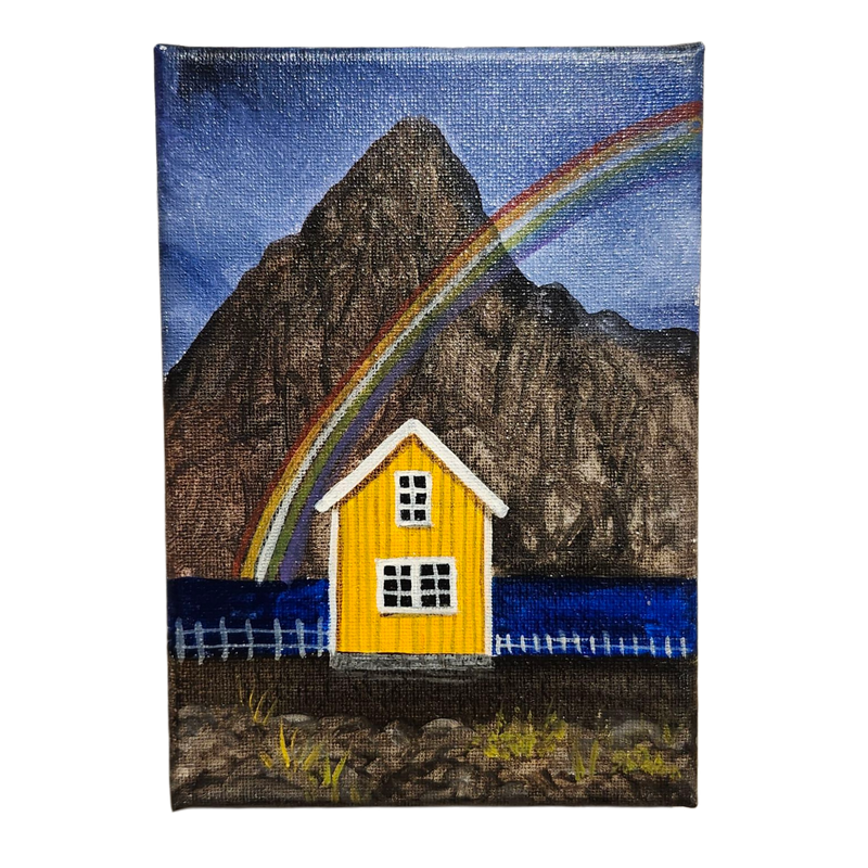 Pam Anderson: Rainbow Over a Yellow Shed  - Original Canvas Painting