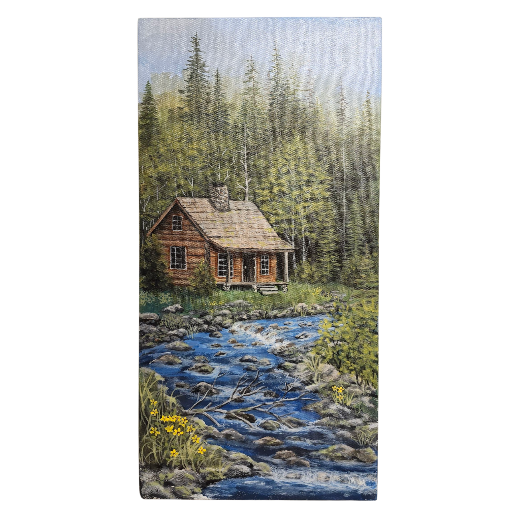 Pam Anderson: Cabin by a Creek - Original Canvas Painting