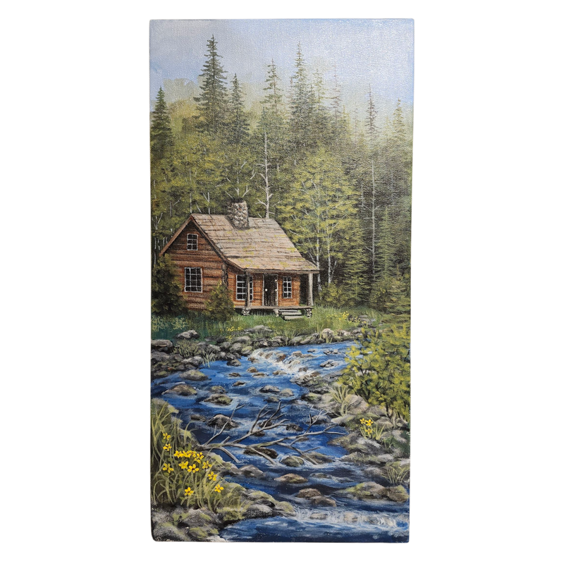 Pam Anderson: Cabin by a Creek - Original Canvas Painting