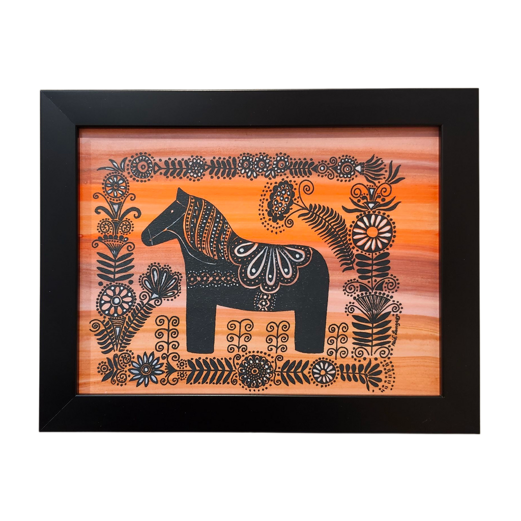 Heidi Lange: "Dala Horse with White Flowers" - Framed Print