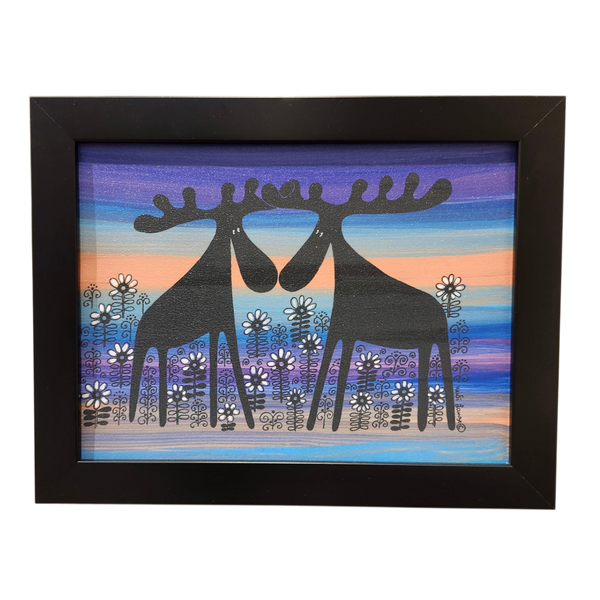 Heidi Lange: "Moose Couple, Alfred & Anna in a Flower Bed" - Framed Print