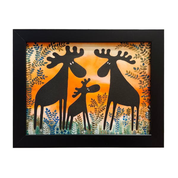 Heidi Lange: Three Moose Evening Sunset - Framed Print