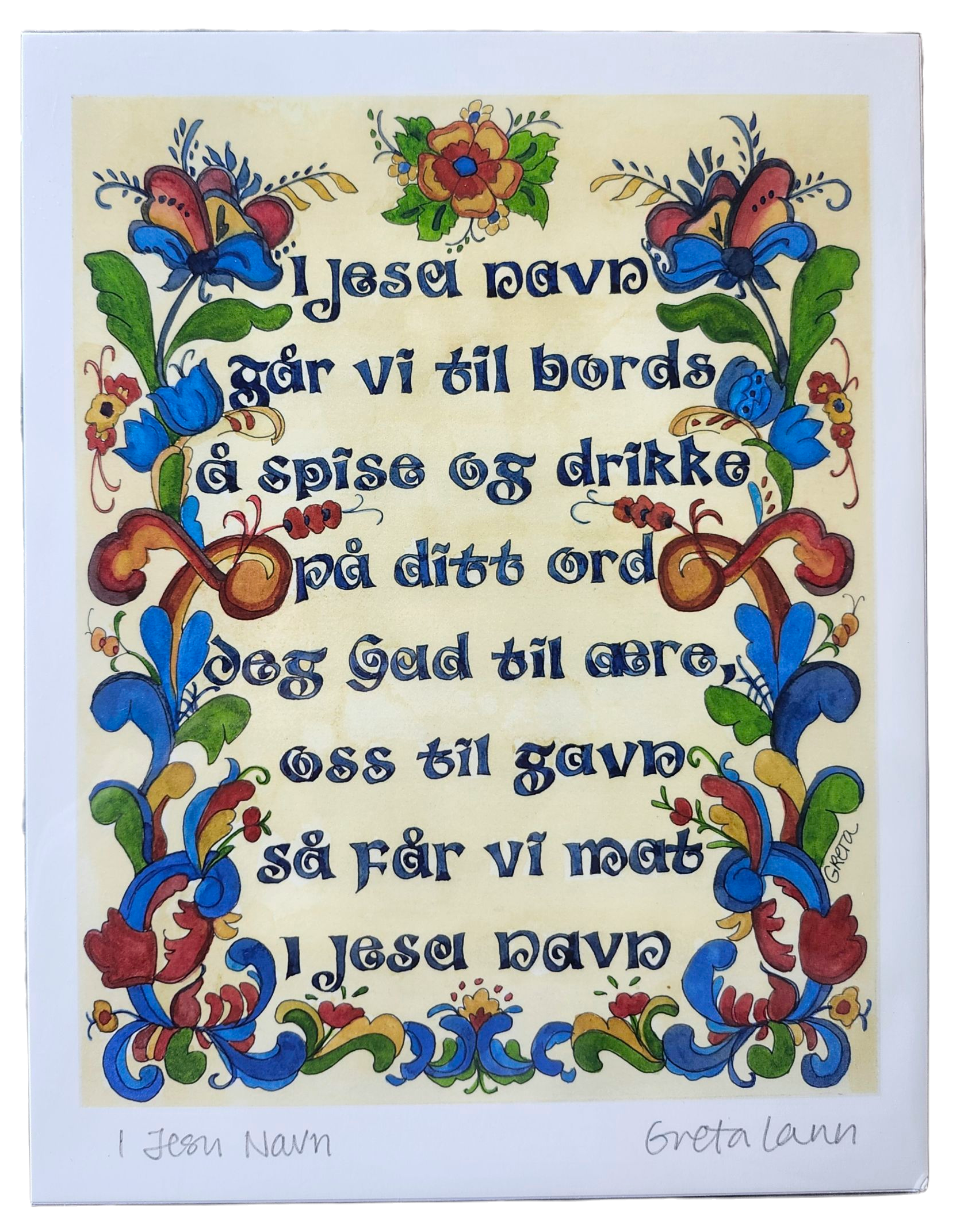 Greta Lann: "I Jesu Navn " In Jesus Name Norwegian Table Grace - Print