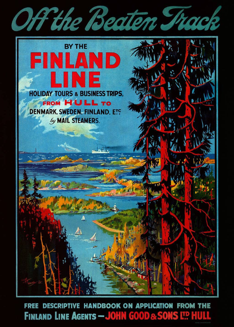 The "Off the Beaten Track Finland Line - Come to Finland" poster (50 x 70 cm), printed on premium FSC-certified matte paper, beautifully portrays a scenic landscape of forests and waterways. It advertises holiday tours and business trips from Hull to destinations such as Denmark and Sweden.