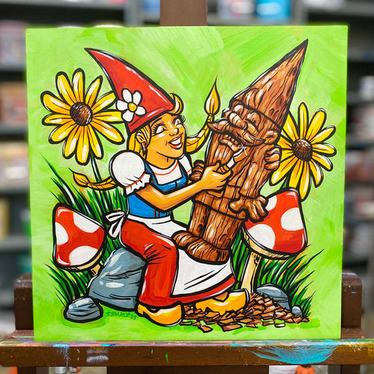 Bring whimsical charm to any space with "Dagger Girl Gnome Whittling a Wooden Garden Gnome" (12x12) by artist Adam Turman—a vibrant piece of garden gnome art, perfect for Scandinavian-inspired decor.