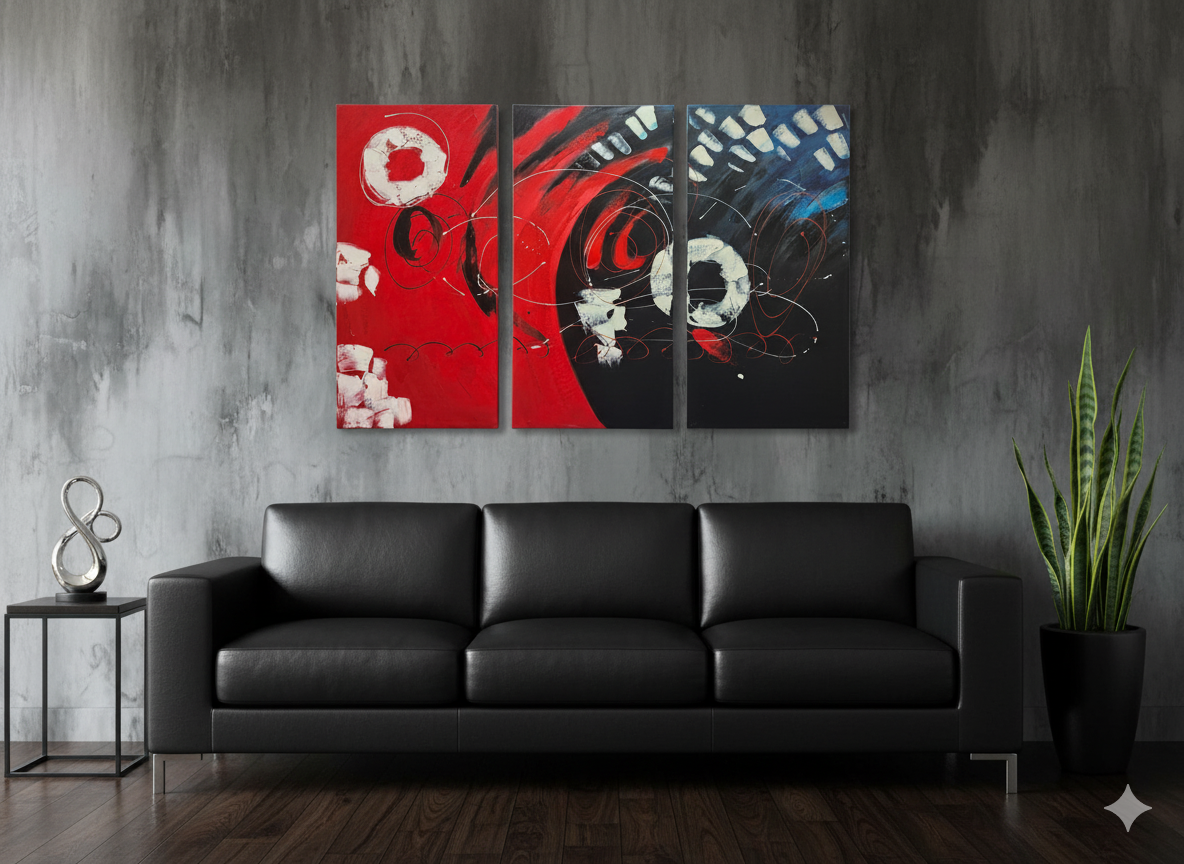 Abstract: Red & Black Floating Circles Hand-Painted Original Canvas Art (Set of 3)