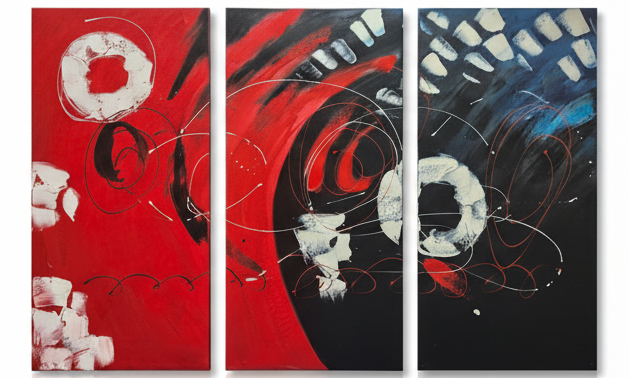 Abstract: Red & Black Floating Circles Hand-Painted Original Canvas Art (Set of 3)
