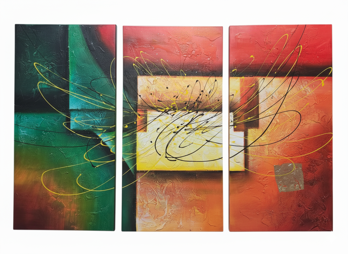 Abstract: Paint Splattered Geometric Hand-Painted Original Canvas Art (Set of 3)