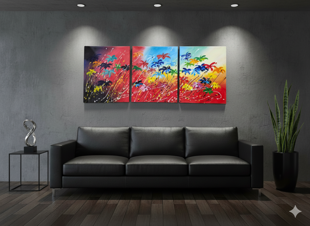 Abstract: Multicolored Palm Trees Hand-Painted Original Canvas Art (Set of 3)
