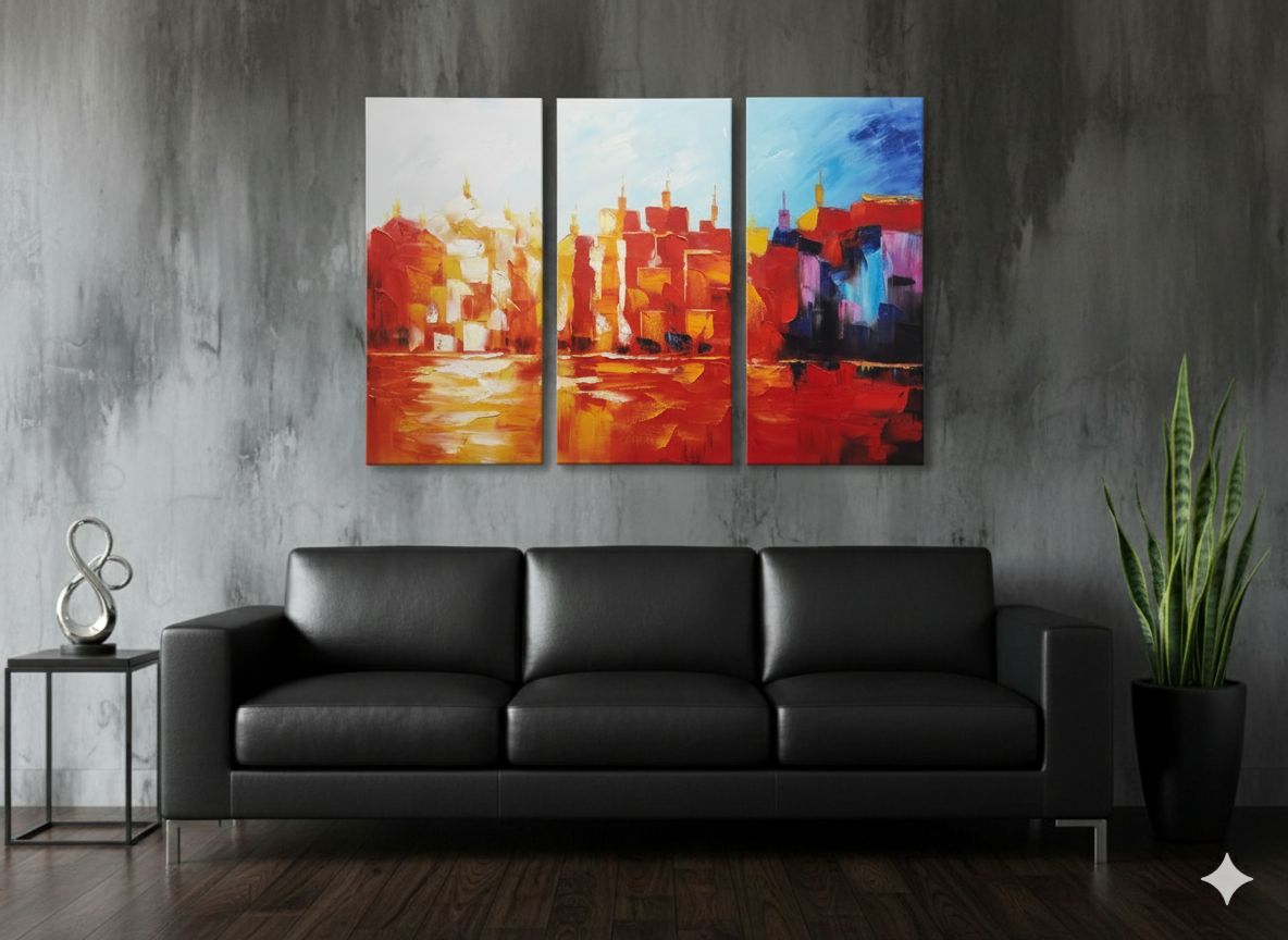 Abstract: Multicolored Cityscape Hand-Painted Original Canvas Art (Set of 3)