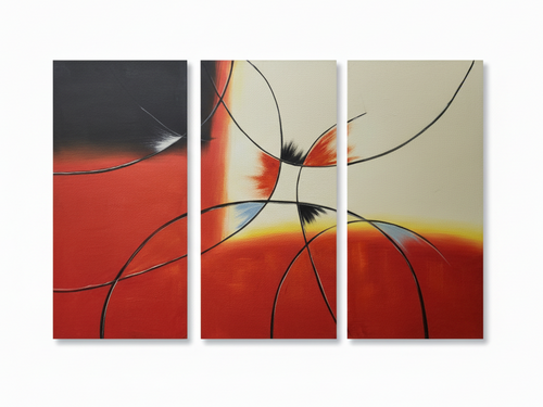 Abstract: Black Sweeping Loops (Variation 2) Hand-Painted Original Canvas Art (Set of 3)