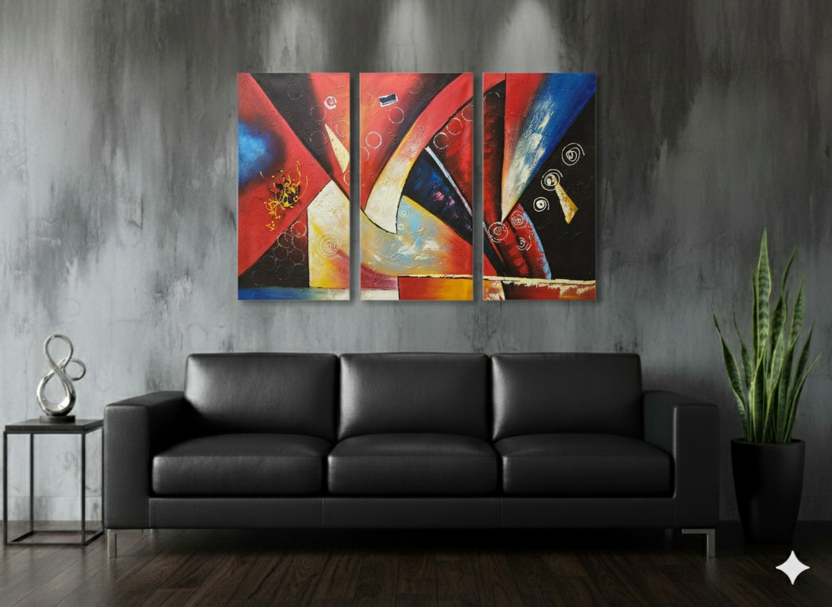 Abstract: Rhythm in Red & Blue Hand-Painted Original Canvas Art (Set of 3)