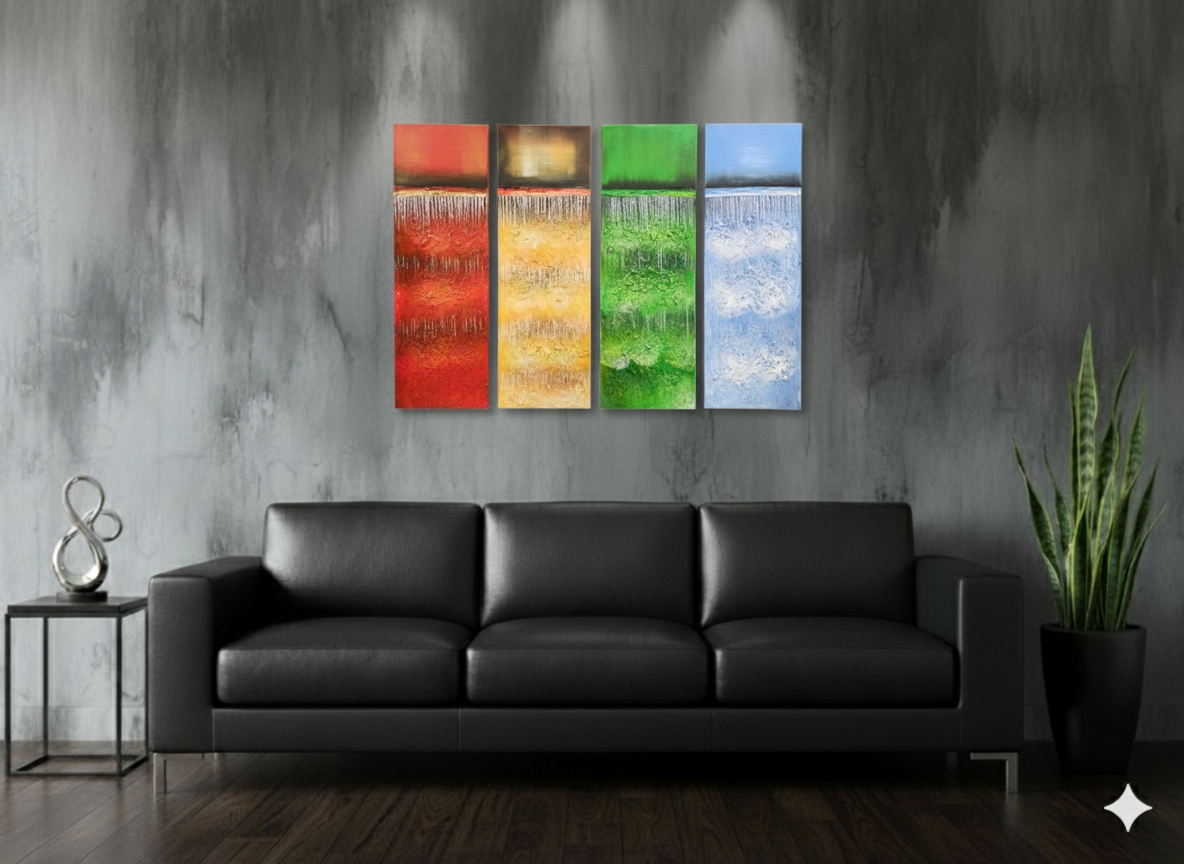 Abstract: Multicolored Rain Hand-Painted Original Canvas Art (Set of 4)