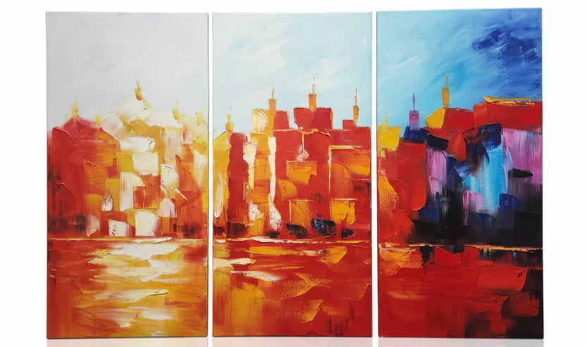 Abstract: Multicolored Cityscape Hand-Painted Original Canvas Art (Set of 3)