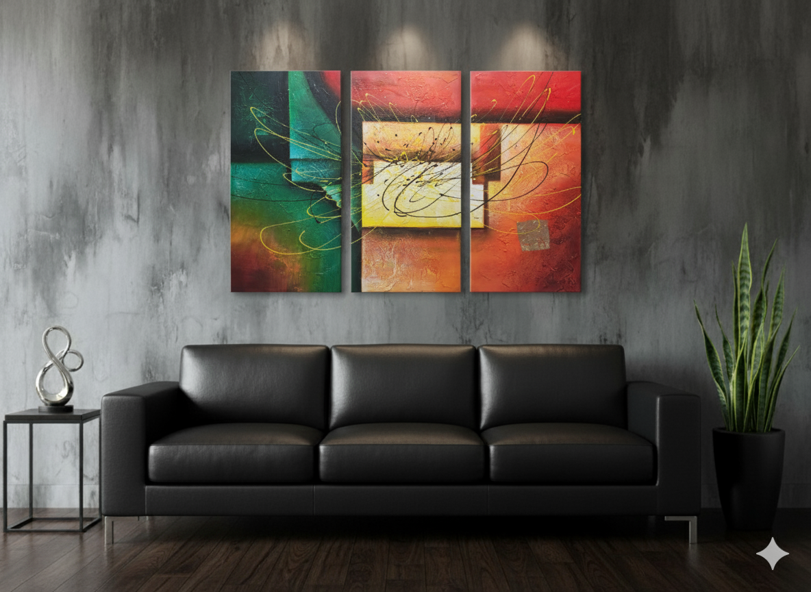 Abstract: Paint Splattered Geometric Hand-Painted Original Canvas Art (Set of 3)