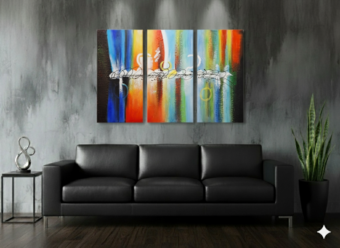 Abstract: Multicolored Waves and Streaks Hand-Painted Original Canvas Art (Set of 3)