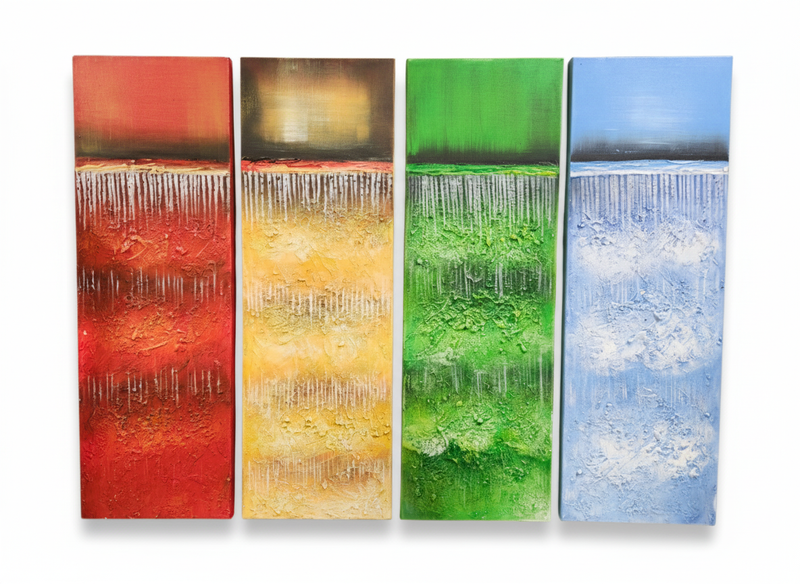 Abstract: Multicolored Rain Hand-Painted Original Canvas Art (Set of 4)