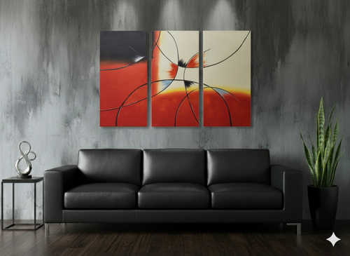 Abstract: Black Sweeping Loops (Variation 2) Hand-Painted Original Canvas Art (Set of 3)