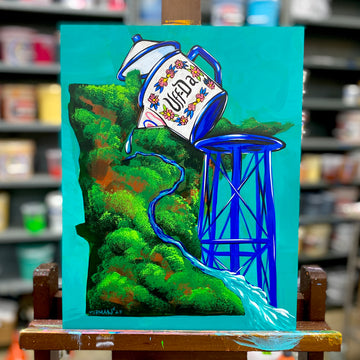 The eye-catching "Artwork: Drip 11x14 Lindstrom Water Tower Minnesota" by Adam Turman illustrates a giant coffee pot pouring water from a tower onto trees, reminiscent of the mighty Mississippi River, set against shelves overflowing with art supplies, perfect for creating fine art paper prints.