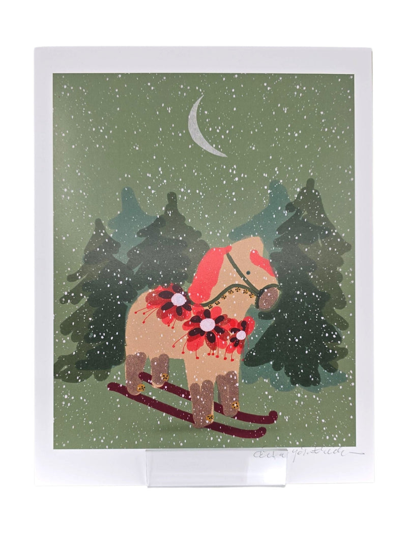 Send holiday cheer with the "Card Pack: Dala Horse on Skiis 'Peace on Earth'" by Lisa Rydin Erickson—8 blank cards and envelopes featuring a festive Dala horse design, perfect for Scandinavian-inspired greetings.