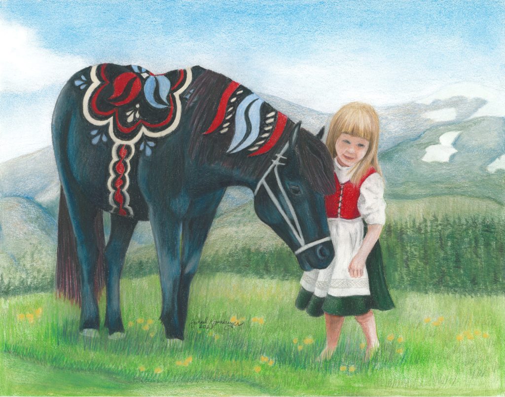 A young girl in traditional clothing stands next to a black horse that resembles those depicted in the "Don't Be Shy" Giclée Print 11x14, ornamented with a decorative blanket, amidst a mountainous meadow.