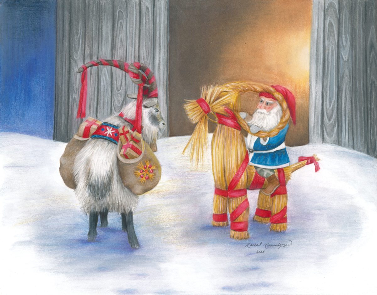 The "Get Your Goat" Giclée Print (11x14) beautifully depicts a goat carrying sacks alongside a person in winter attire holding a straw animal figure, all set in a snowy landscape, expertly rendered as a colored pencil drawing on archival cotton rag.