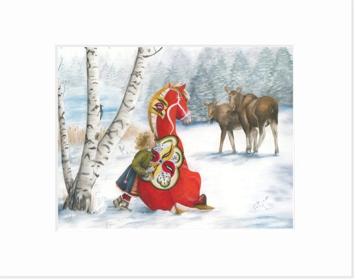 In a winter scene depicted in the "Nature Watch" Giclée Print 11x14, a child stands next to a colorful Dala Horse amid birch trees, with two moose observing the snowy landscape.