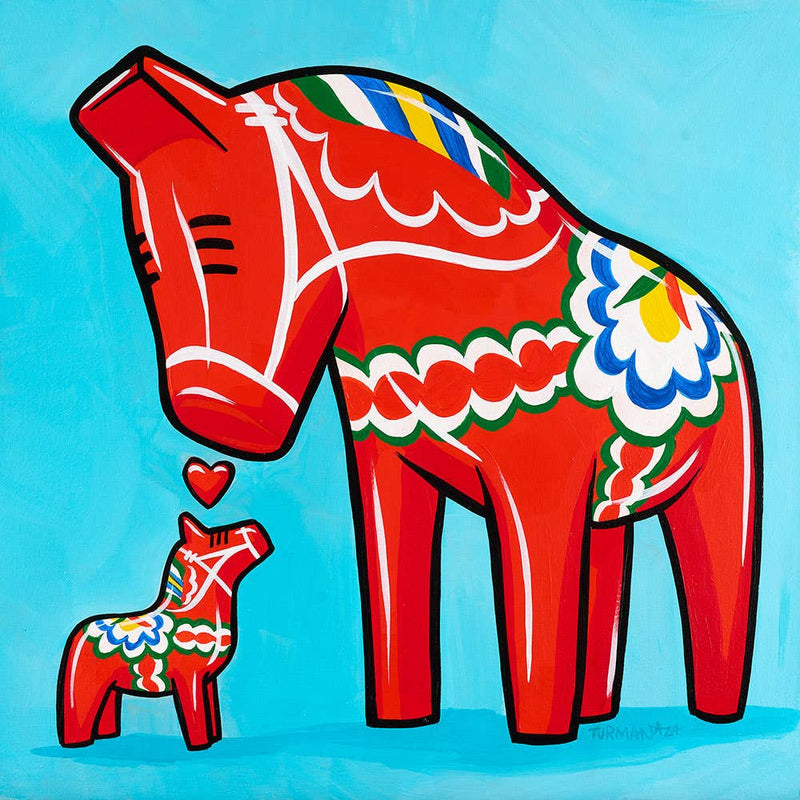 Two red Dala horses—one large, one small—face each other with a red heart between them on a blue background in this 12"x12" or 8"x8" art print by Adam Turman, featuring classic Swedish folk art patterns.