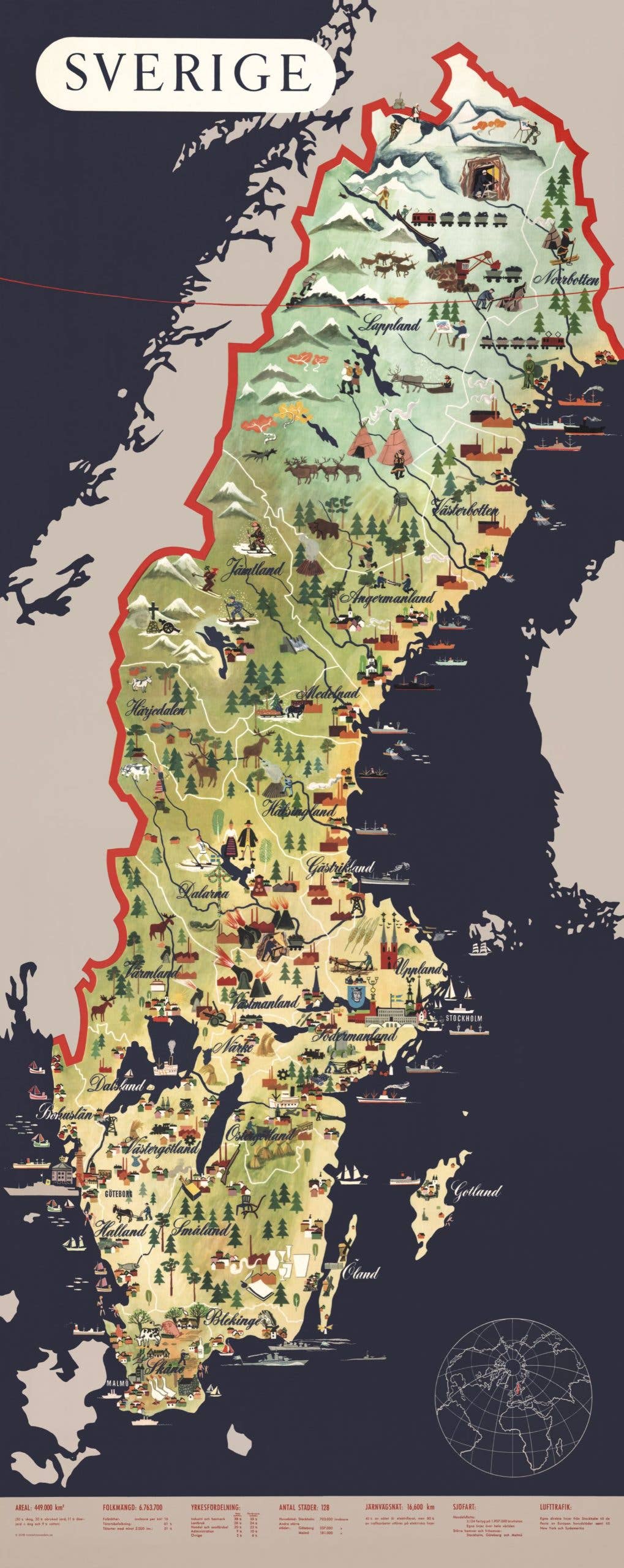Explore the enchanting Poster: Map of Sweden, an artistic vintage illustration that highlights its geographic and cultural landmarks. This beautifully crafted depiction showcases forests, mountains, wildlife, and notable cities as a captivating tourism poster.