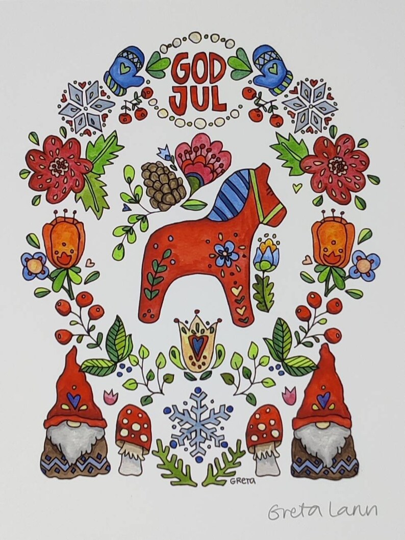 God Jul by Swedish artist Greta Lann showcases a vibrant Scandinavian Christmas scene with a red Dala horse, gnomes, flowers, and snowflakes.